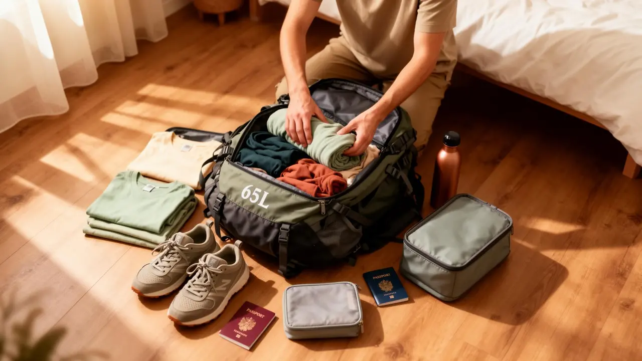 A traveller packing rolled clothes into a large 65L hiking backpack on a wooden floor, surrounded by trainers, a passport, packing cubes and a water bottle.