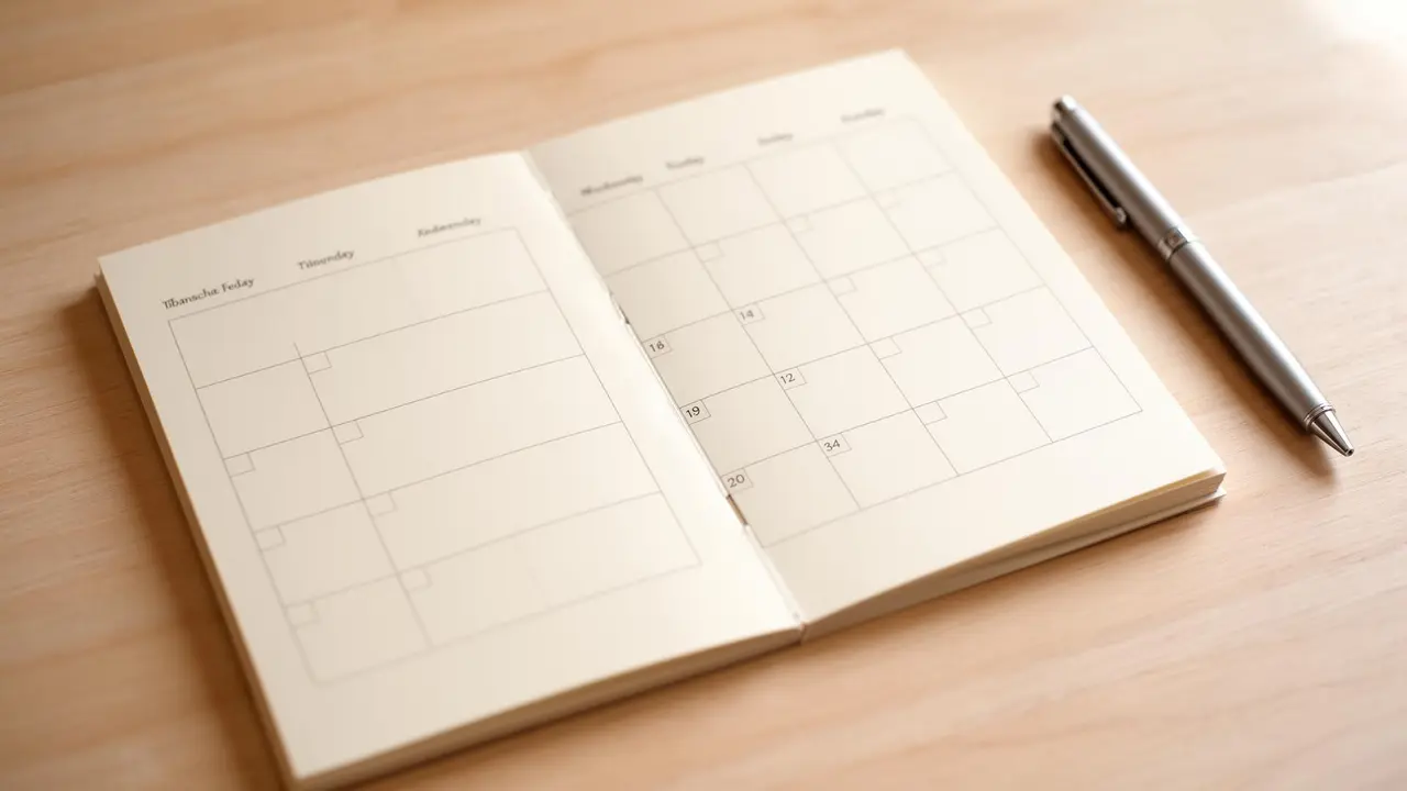An open monthly paper planner, a UK passport, a small globe, a coffee cup, sticky notes and rolled travel maps on a warm cream linen tablecloth in soft natural light.