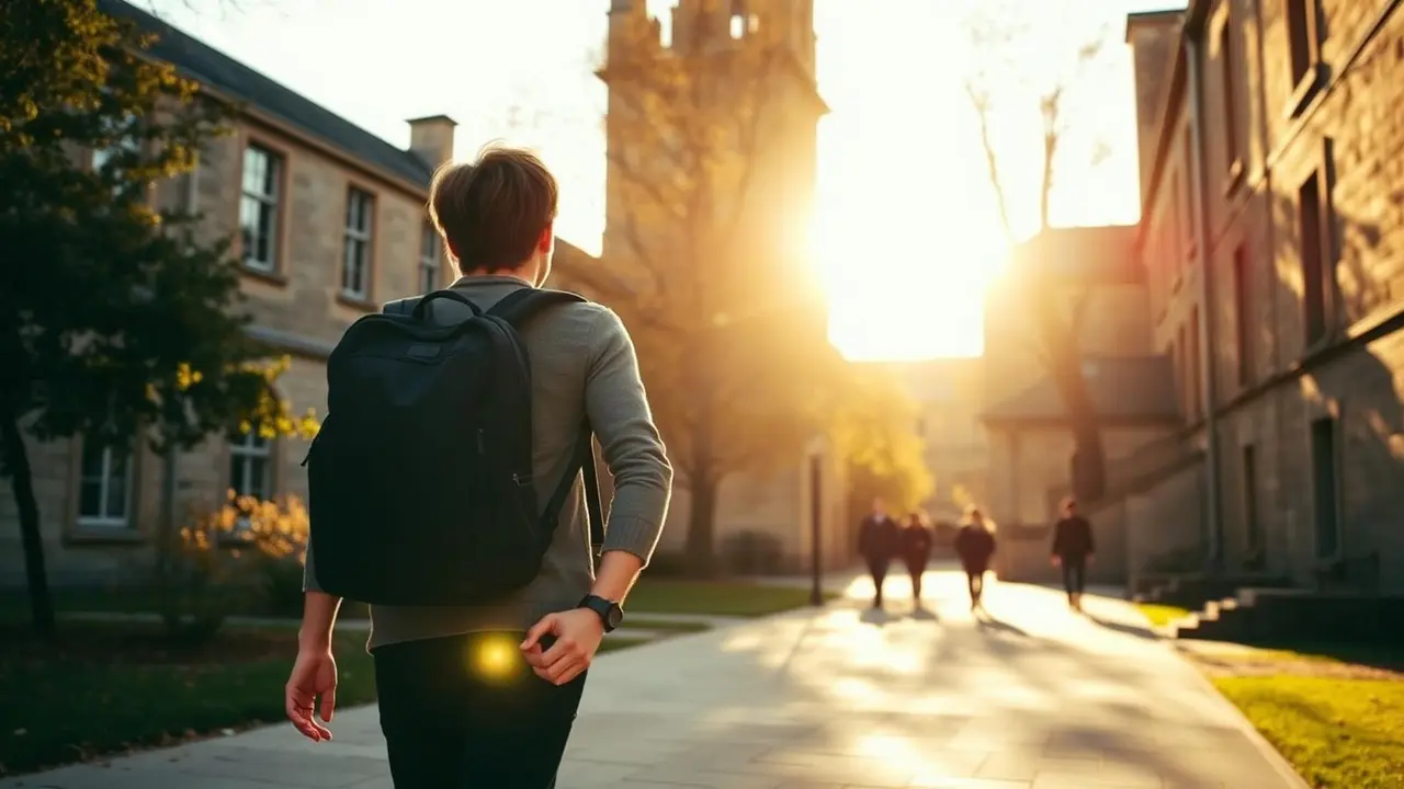 UK student walking across a sunlit European university campus with a backpack