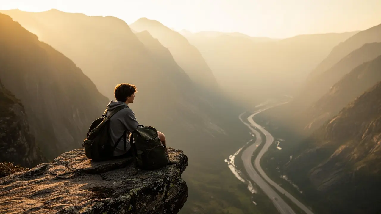 Young traveller sitting on a cliff edge at golden hour, looking out over a winding mountain road
