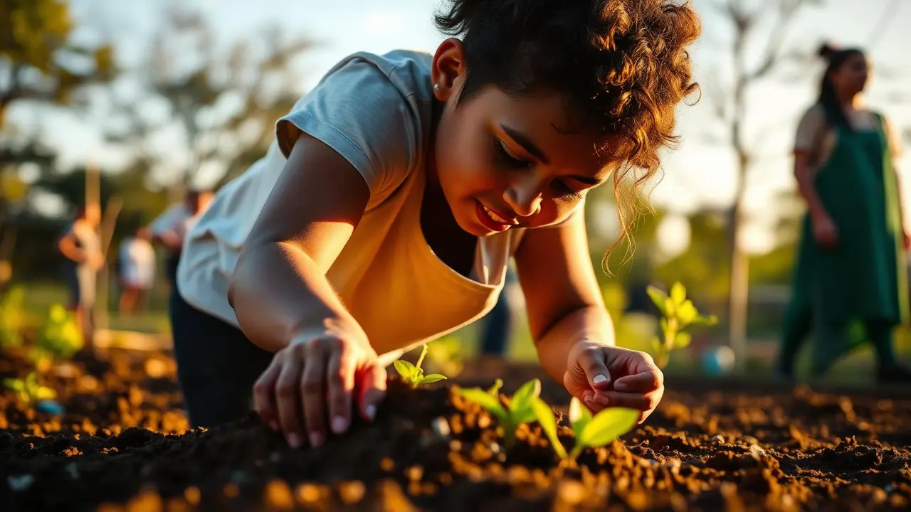 Young volunteer planting seedlings at a community garden project abroad