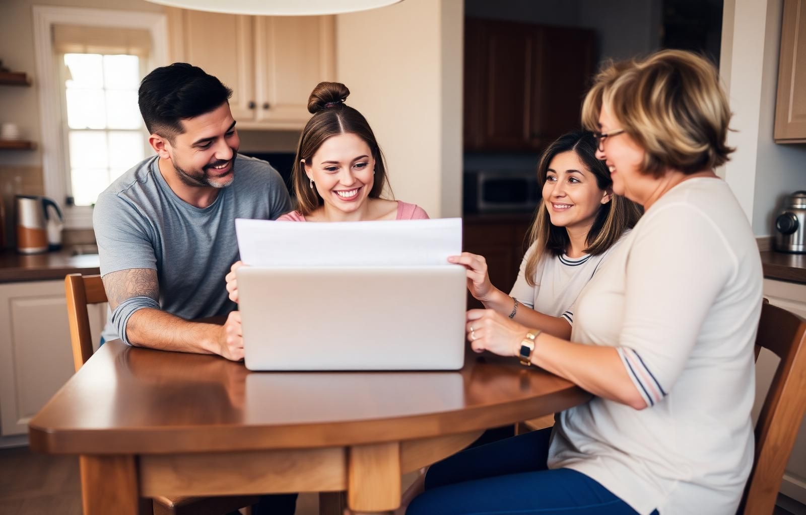 Young adult sharing a gap year plan with parents at a kitchen table