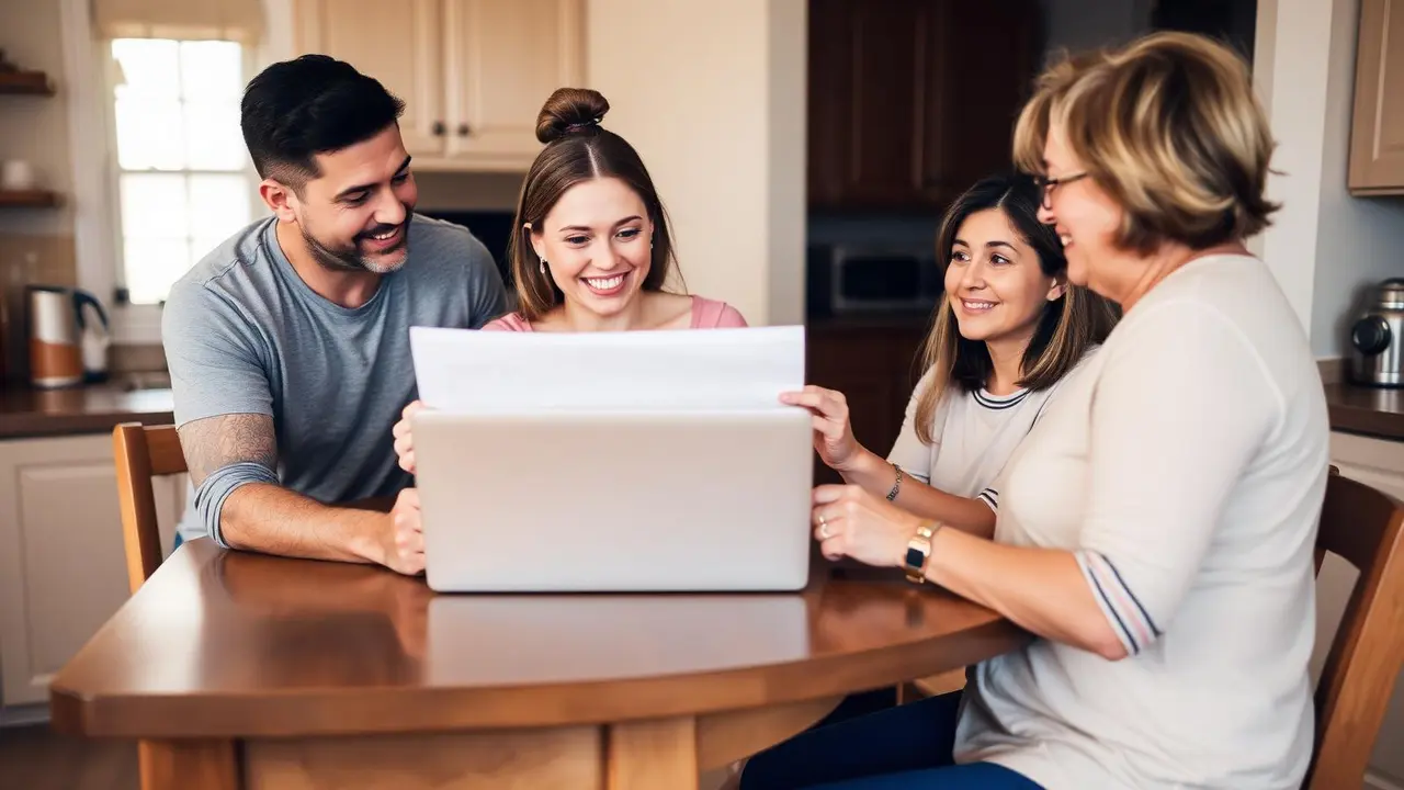 Young adult sharing a gap year plan with parents at a kitchen table