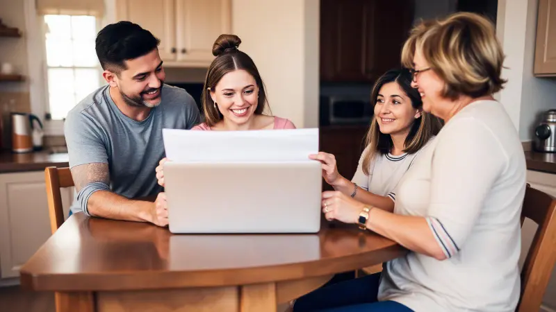 Young adult sharing a gap year plan with parents at a kitchen table