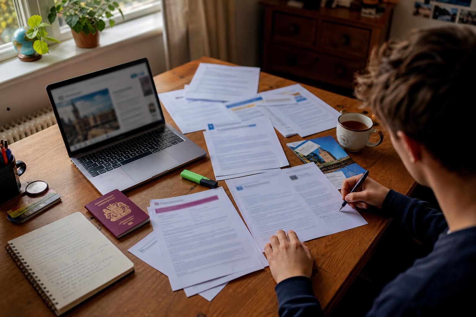 UK university scholarship application form on a wooden desk with tea and pen