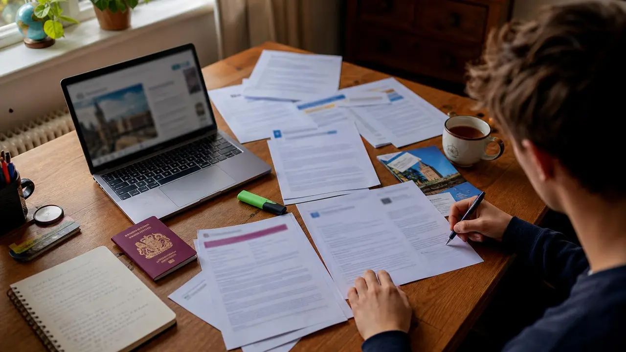 UK university scholarship application form on a wooden desk with tea and pen