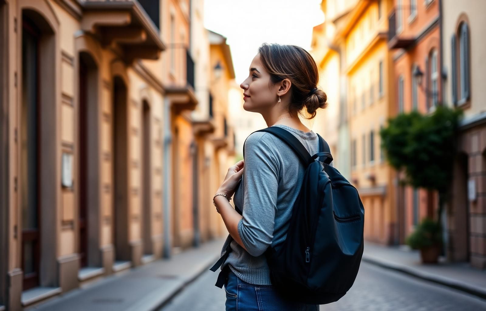 Solo traveller with a backpack on a European old town street at golden hour