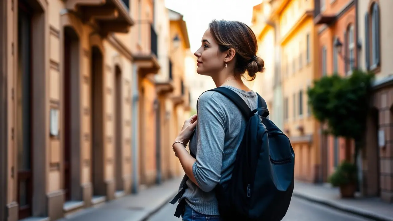 Solo traveller with a backpack on a European old town street at golden hour