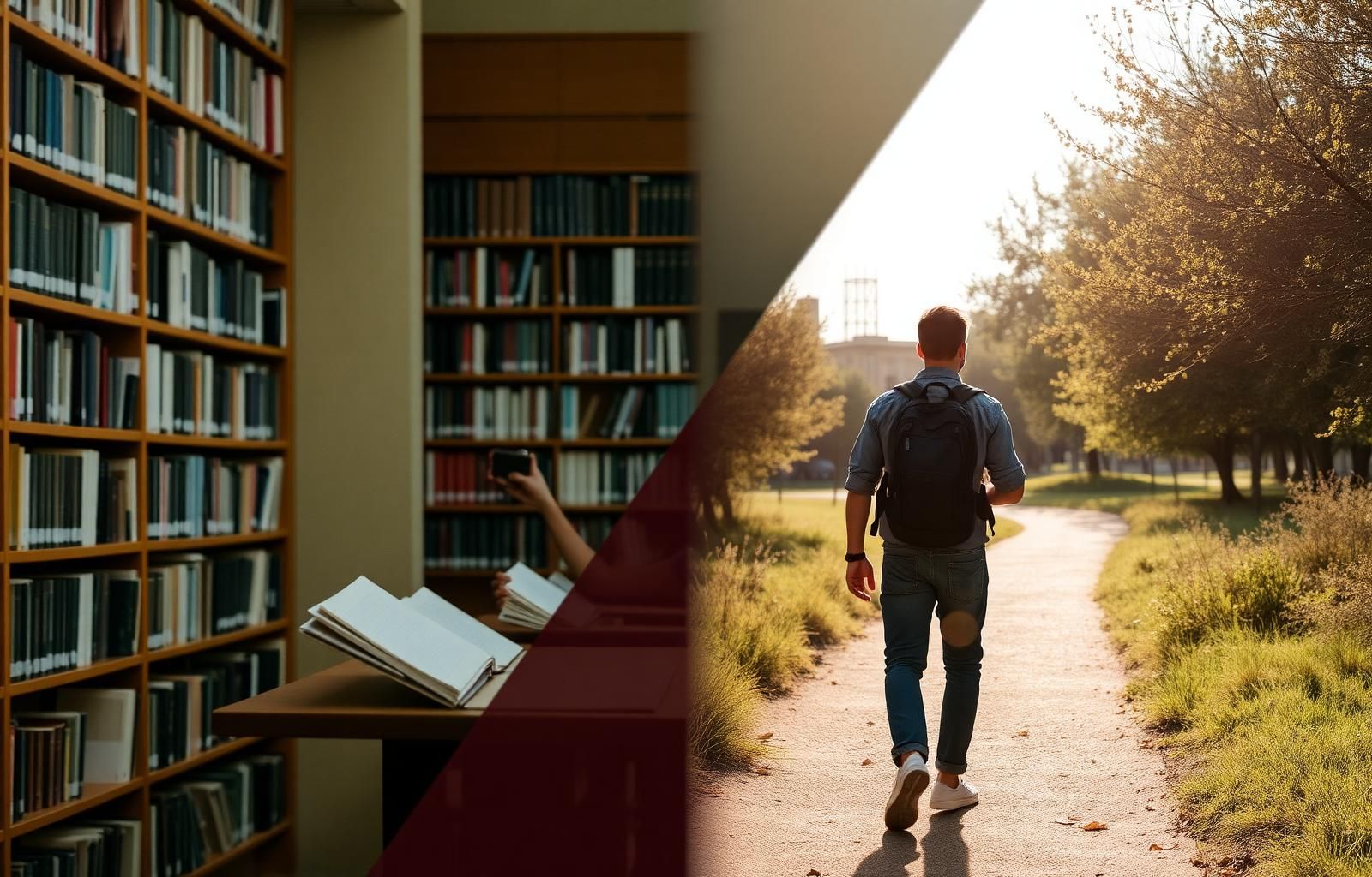 Split image of a university library and a young traveller walking with a backpack