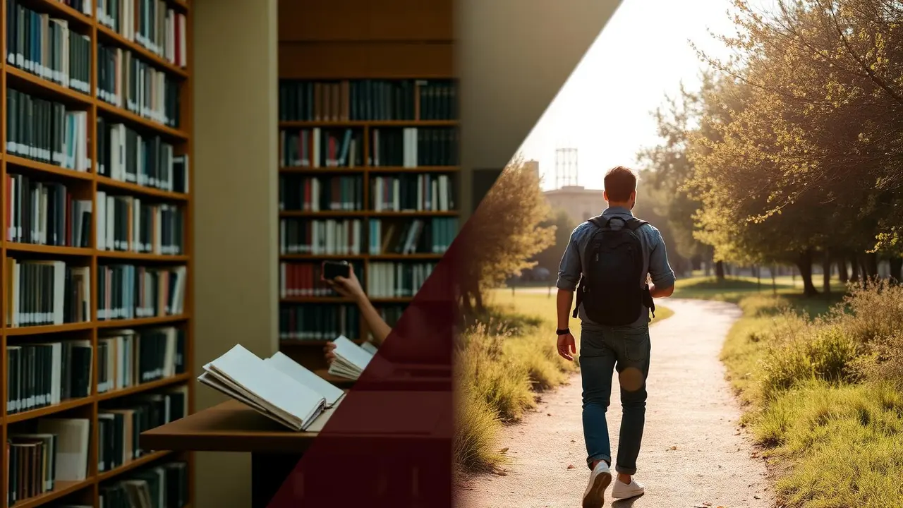 Split image of a university library and a young traveller walking with a backpack