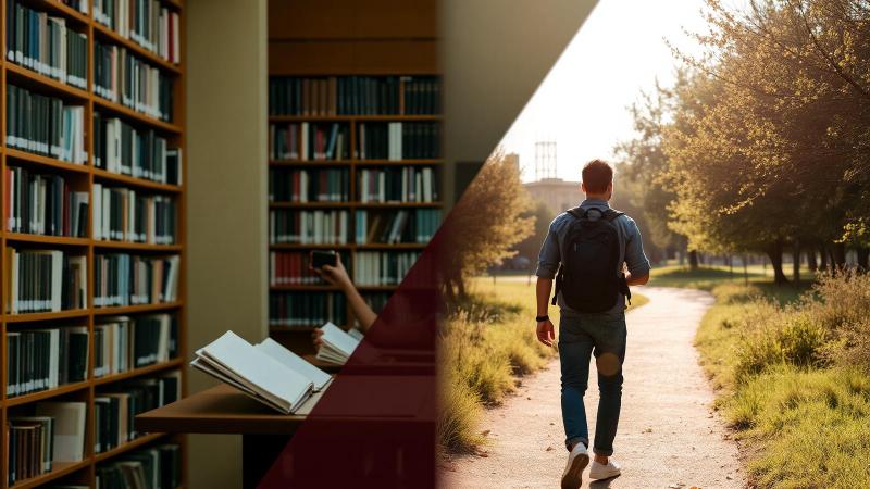 Split image of a university library and a young traveller walking with a backpack