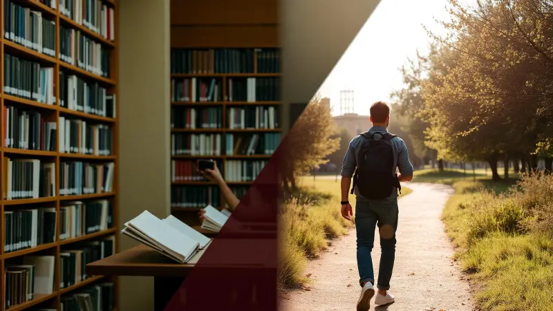 Split image of a university library and a young traveller walking with a backpack